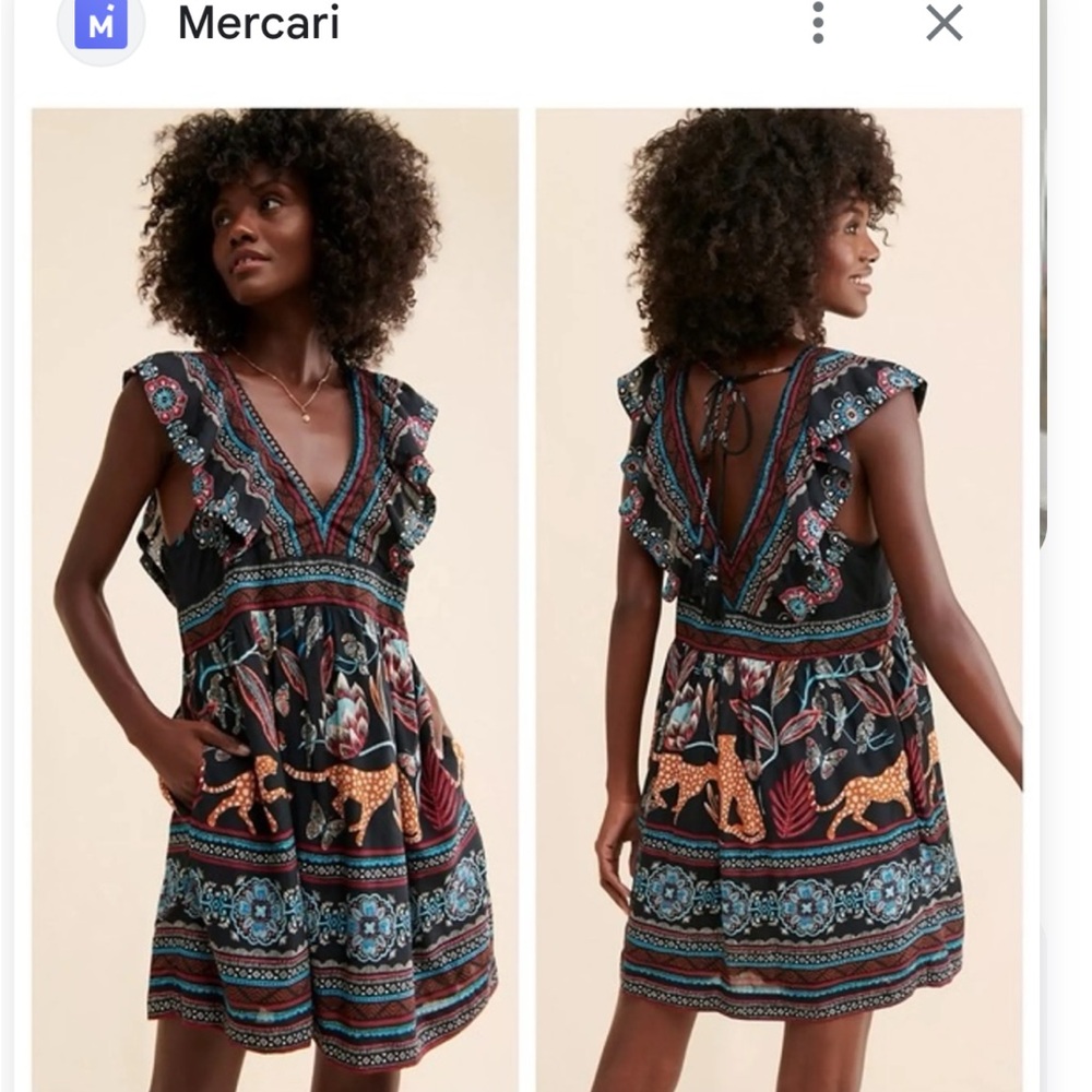 Anthropologie Black Floral & Leopard Print V-Neck Sundress